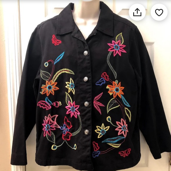 White Stag Women's Embroidered Black Denim Jacket Medium size 8/10 - Picture 1 of 8